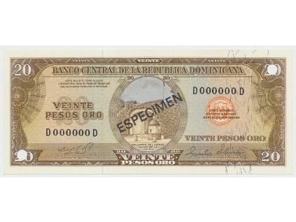 Dominikánská republika, 20 Pesos Oro (1964~1974), bank. vzor, D000000D, přetisk 1x ESPECIMEN, P.102s3