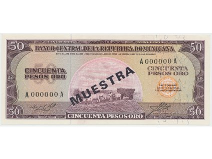 Dominikánská republika, 50 Pesos Oro (1964~1974), bank. vzor, A000000A, přetisk 1x MUESTRA, P.103s1