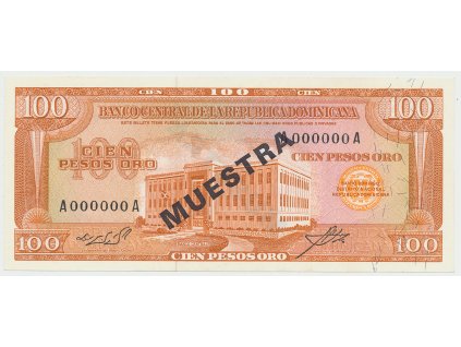 47439 47439 dominikanska republika 100 pesos oro 1964 1974 bank vzor a000000a pretisk 1x muestra p 104s3