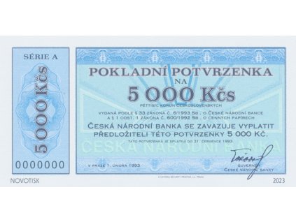 Česká republika, 5000 Kčs 1. 2. 1993, Hej.CZ2, součást kompletu novotisků vytištěných STC Praha, náklad 500 ks