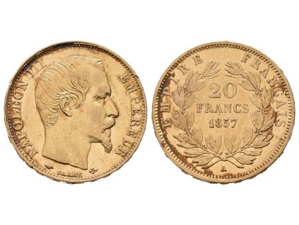 20 Frank 1857 A, Paříž, Au 0,900, 21,5 mm (6,4516 g)