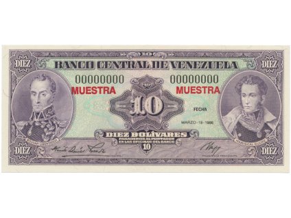 Venezuela, 10 Bolivares 1986, anulát - MUESTRA, P.61as