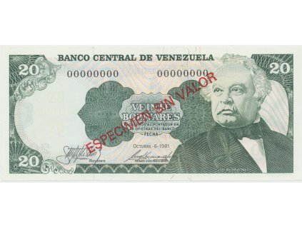 Venezuela, 20 Bolivares 1981, anulát - ESPECIMEN SIN VALOR, P.63as