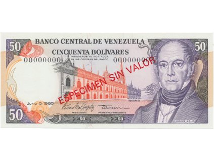 Venezuela, 50 Bolivares 1995, anulát - ESPECIMEN SIN VALOR, P.65es