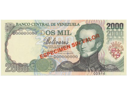 Venezuela, 2000 Bolivares 1998, anulát - ESPECIMEN SIN VALOR, P.77cs