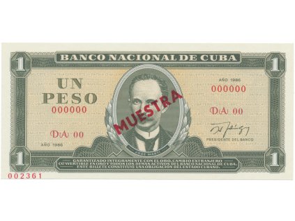Kuba, 1 Peso 1986, tisk STC Praha, anulát - MUESTRA, bankovní vzor, P.102cs2