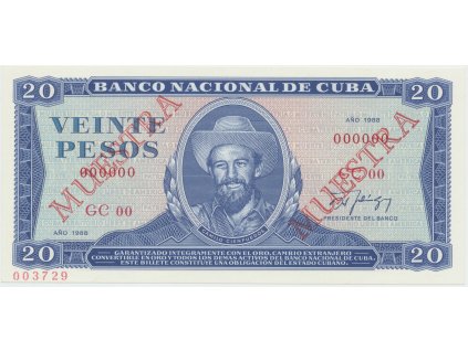 Kuba, 20 Pesos 1988, tisk STC Praha, anulát - 2x MUESTRA, bankovní vzor, P.105ds