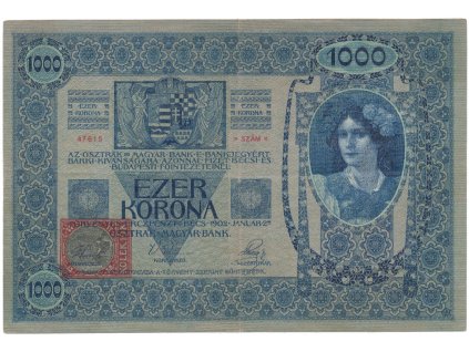 Československo, 1000 Koruna 1902 + kolek 1919, Hej.6