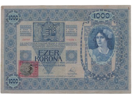 Československo, 1000 Koruna 1902 + kolek 1919, Hej.6