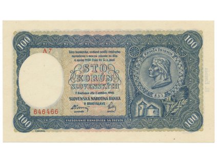 Slovensko, 100 Koruna 1940, II, vydání, série A 7, Hej.49a1