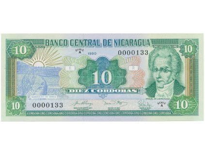 Nikaragua, 10 Cordobas 1990, nízké číslo A 0000133, P.175