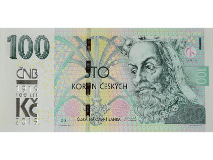 100 Koruna 2018/2019, série M 10, s přetiskem ČNB - 100 let Kč, Hej.CZ33aa