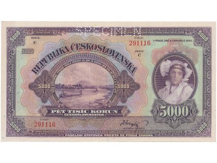 Československo, 5000 Koruna 1920, série C, perf. 1x SPECIMEN, Hej.17bC