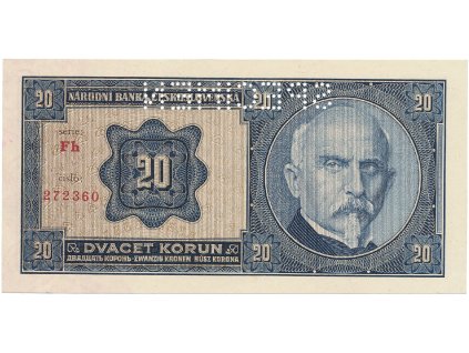 Československo, 20 Koruna 1926, tisk TB NBČS, perf. 1x SPECIMEN, Hej.21c2.S1