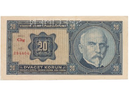 Československo, 20 Koruna 1926, série Chg, tisk TB NBČS, perf. 1x SPECIMEN, Hej.21c2.S1