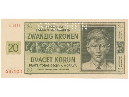 Protektorát Čechy a Morava, 20 Koruna 1944, tisk Haase, série H, perf. 1x SPECIMEN, Hej.40c.S1