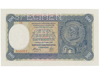 57802 slovensko 100 koruna 1940 i vydani serie s 1 cislem perf 1x specimen nahore hej 48a1 s1