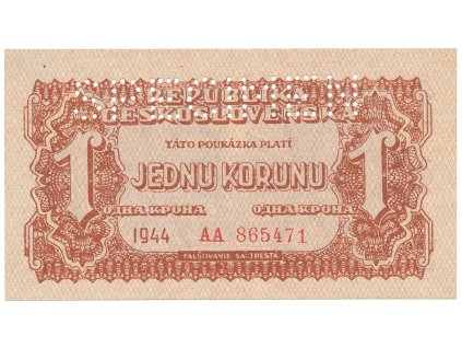 Československo, 1 Koruna 1944, první série AA, perf. 1x SPECIMEN nahoře, Hej.56a1.S1