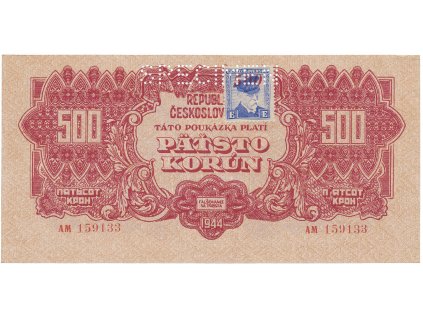 Československo, 500 Koruna 1944/1945, kolkovaná, perf. 1x SPECIMEN nahoře, Hej.67a.S1