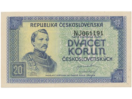 58201 58201 ceskoslovensko 20 koruna b d 1945 perforace 3 md svisle hej 72a s1