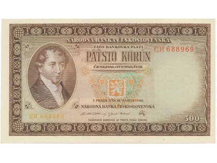 Československo, 500 Koruna 1946, série A-Z (dvoupísmenková CH), perforace 3 md svisle, Hej.81a.S1