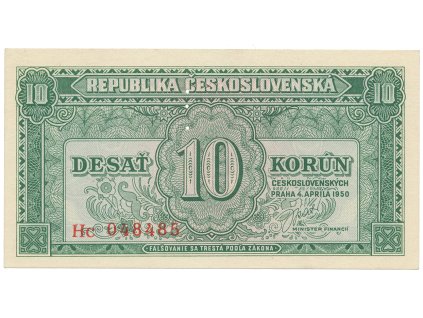 Československo, 10 Koruna 1950, série Aa - Zh, perforace 3 md svisle, Hej.86b.S1