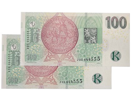 Česká republika, 100 Koruna 2018, série J 18 + J 25 (obě číslo 044555), Hej.CZ31aJ    2 ks