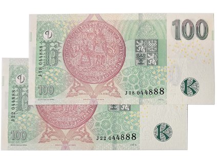 Česká republika, 100 Koruna 2018, série J 18 + J 22 (obě číslo 044888), Hej.CZ31aJ    2 ks