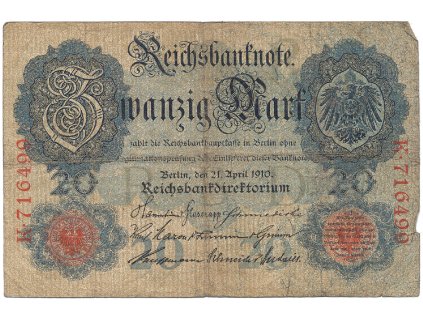 Německo, 20 Mark 1910, 6-místný číslovač, Ro.40a