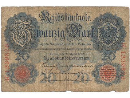 Německo, 20 Mark 1910, papír s vodoznakem, Ro.41
