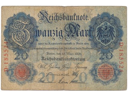Německo, 20 Mark 1906, 6-místný číslovač, Ro.24a