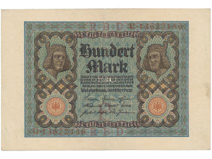 Německo, 100 Mark 1920, 8-místný číslovač, Ro.67b