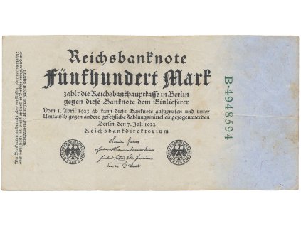 Německo, 500 Mark 1922, zelený 7-místný číslovač, Ro.71b
