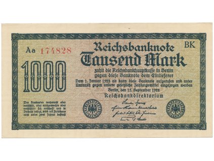 Německo, 1000 Mark 1922, vod. Mäander, červené 6-místné číslo, Ro.75g