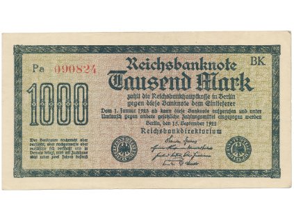 Německo, 1000 Mark 1922, vod. Mäander, červené 6-místné číslo, Ro.75g