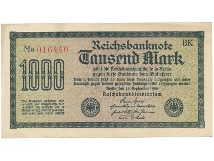Německo, 1000 Mark 1922, vod. Mäander, červené 6-místné číslo, Ro.75g