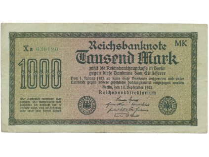 Německo, 1000 Mark 1922, vod. Vielecke, 6-místné číslo, Ro.75f