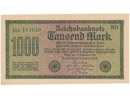 Německo, 1000 Mark 1922, vod. Gitter, zelené 6-místné číslo, Ro.75m