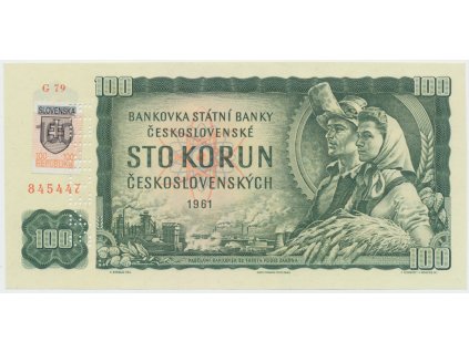 100 Koruna / 1961, kolkovaná 1993, série G 79, bankovní vzor, Hej.SK4bG.V1