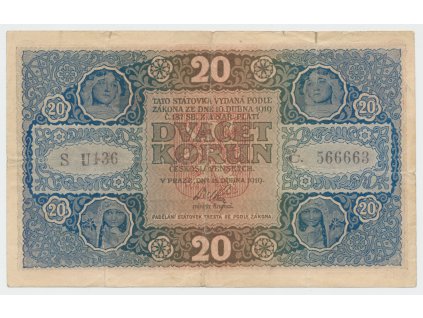 Československo, 20 Koruna 1919, série U 136, tisk Česká grafická unie Praha, Hej.10b