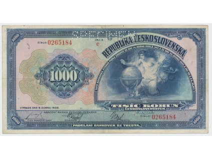 Československo, 1000 Koruna 1932, perf. 1x SPECIMEN nahoře, Hej.26a.S1