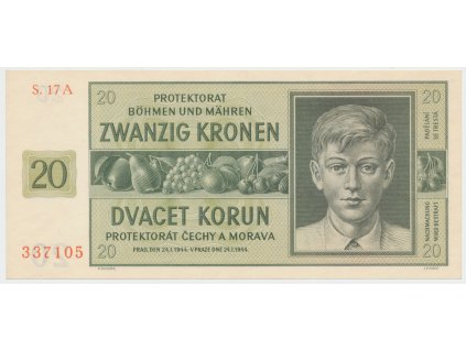 Protektorát Čechy a Morava, 20 Koruna 1944, série A, tisk NBČM, Hej.40a