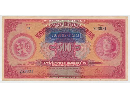 63220 63220 63220 slovensko 500 koruna 1929 1939 pretisk perf 1x specimen hej 46a s1
