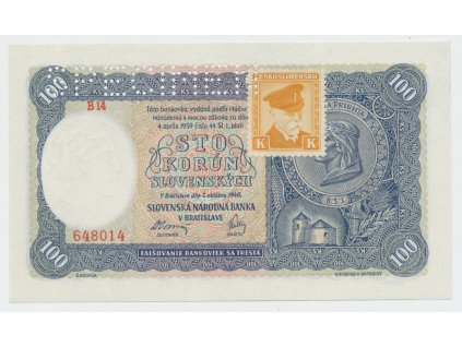 Československo, 100 Koruna 1940/1945, I. vydání, kolkovaná, série se 2 čísly, perf. 1x SPECIMEN nahoře, Hej.62a2.S1
