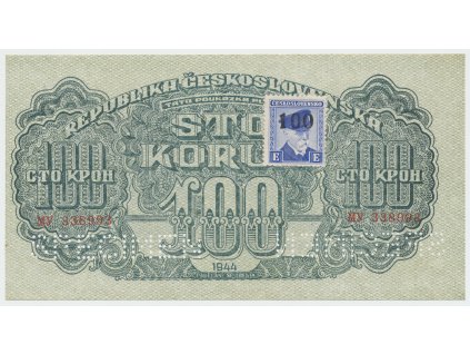Československo, 100 Koruna 1944, série OC, kolkovaná, perf. 2x SPECIMEN dole, Hej.66a.S3
