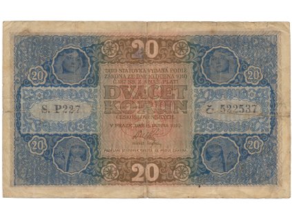 63631 ceskoslovensko 20 koruna 1919 serie p hej 10a