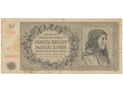 63709 protektorat cechy a morava 50 koruna 1944 pekne cislo 000025 hej 42a