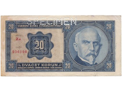 Československo, 20 Koruna 1926, tisk TB NBČS, perf. 1x SPECIMEN z rubu, Hej.21c2.S2
