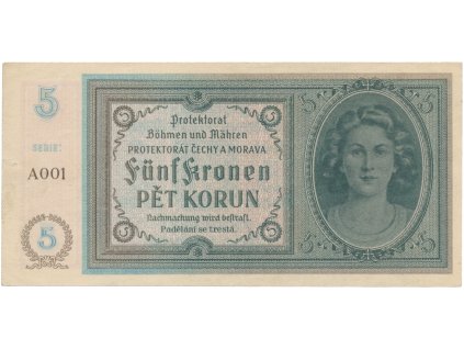 Protektorát Čechy a Morava, 5 Koruna b.d. (1940), tisk TB NBČM, první série A 001, Hej.31aA