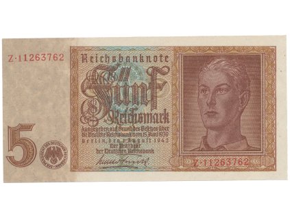 Německo, 5 Reichsmark 1942, 8-místný číslovač, Hej.D1b